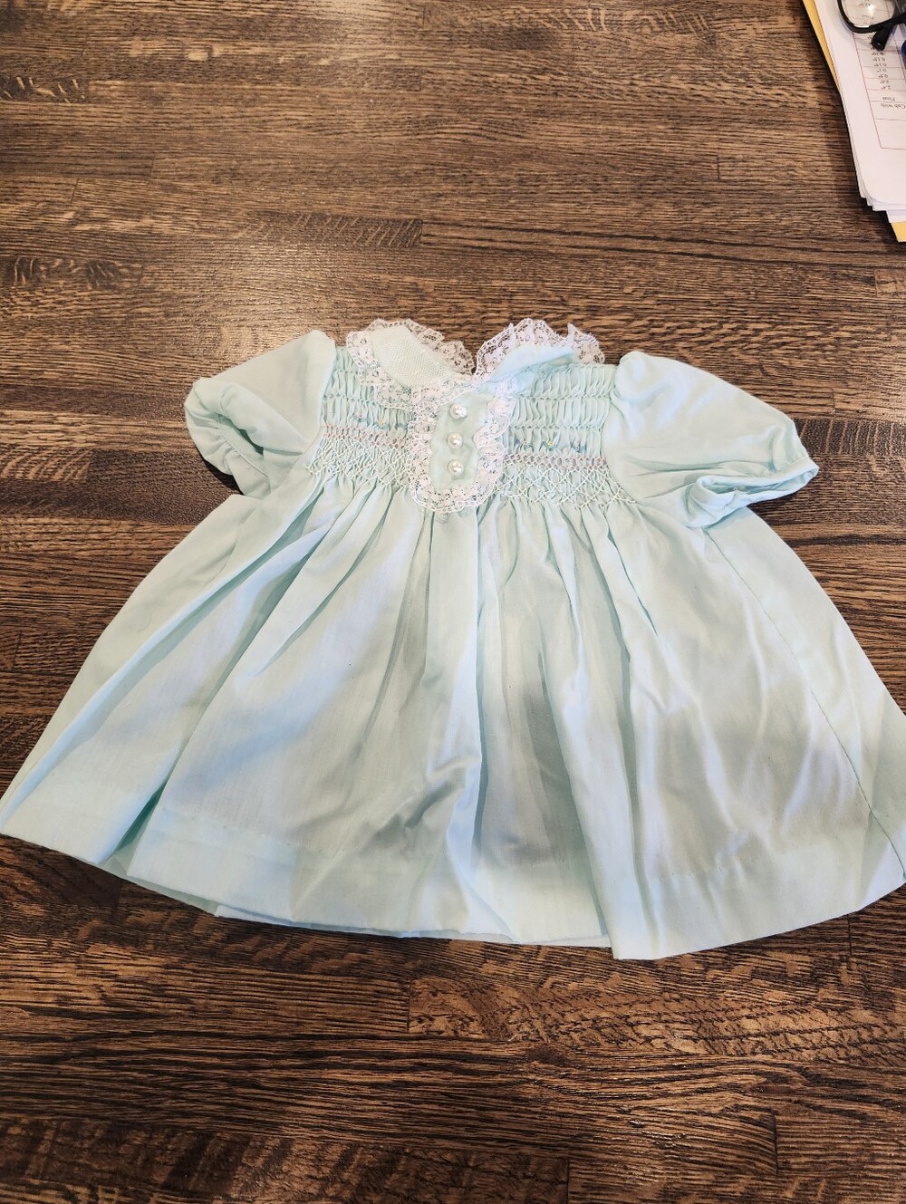 VINTAGE 60s Or 70's Polly Flinders  Smocked Baby Dress W Pearls Green 0-3 Month